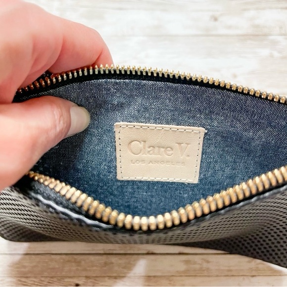 Clare V Wallet Clutch w/Tabs Black Perf and Mini Braided Crossbody Strap - Picture 6 of 7